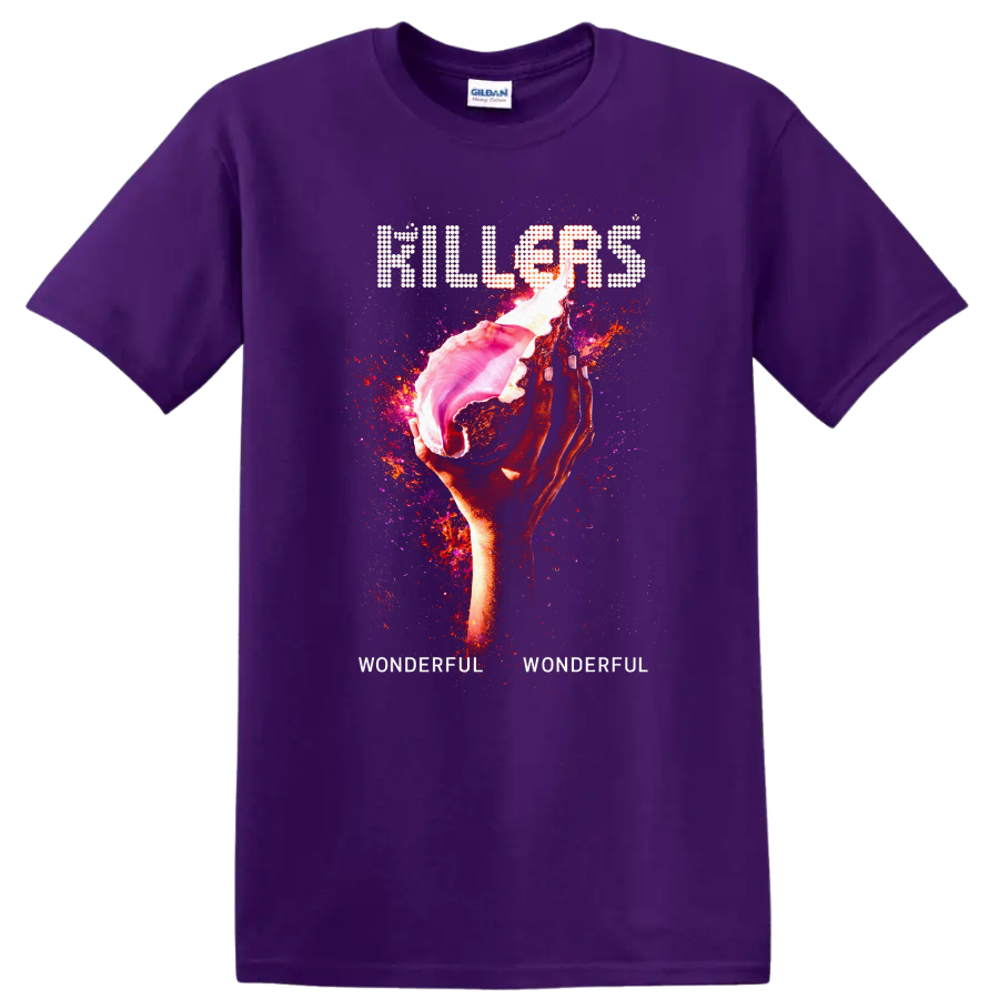 Vintage Classic Rock Album Cover Art T Shirt inspired by The Killers on a Purple T Shirt