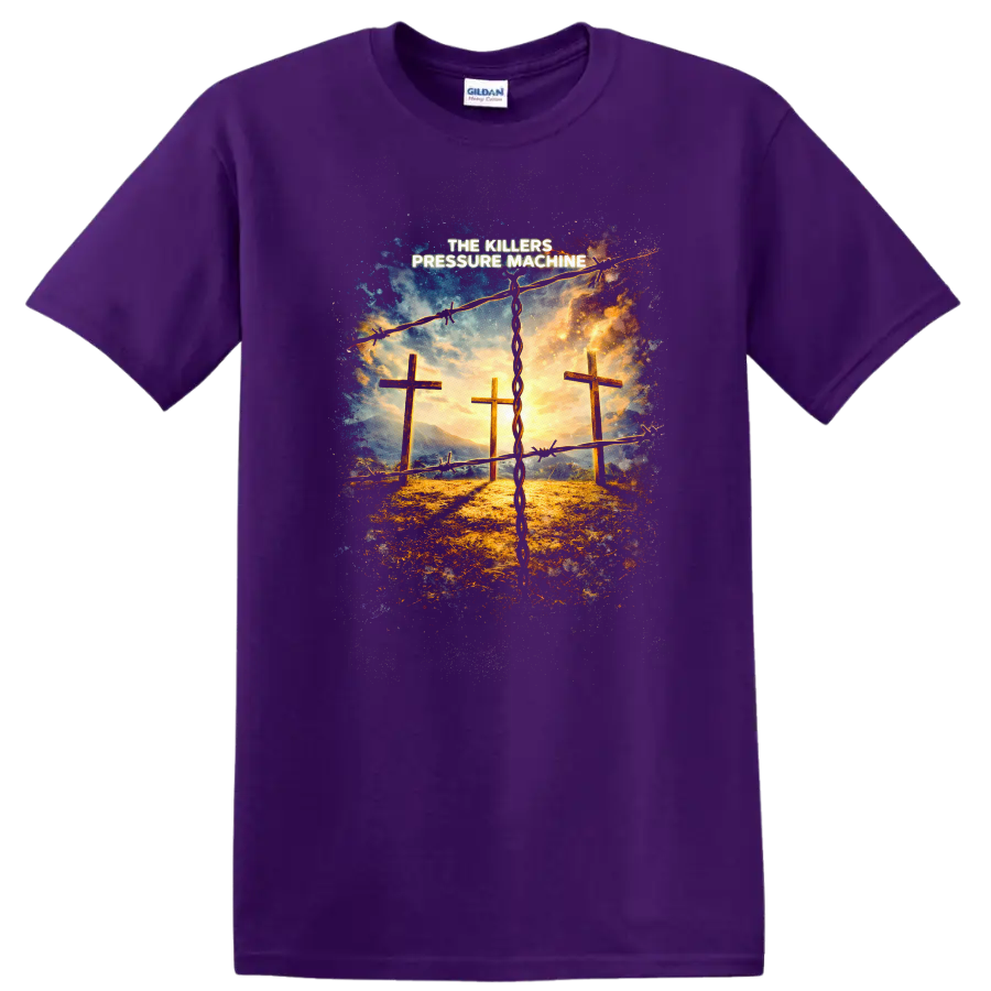 Vintage Classic Rock Album Cover Art T Shirt featuring The Killers Pressure Machine design on a Purple T Shirt