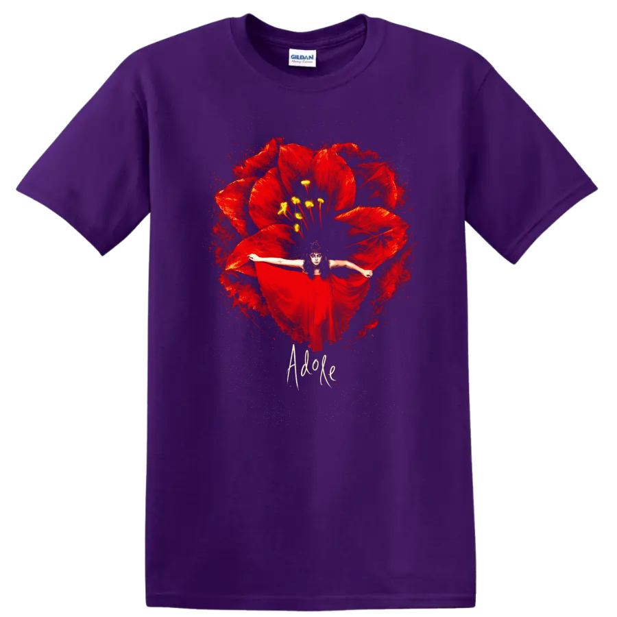 Vintage classic rock album cover art T Shirt design featuring a red flower and ethereal figure on a Purple T Shirt