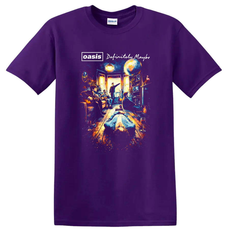 Oasis vintage album cover art style T Shirt design on a Purple T Shirt