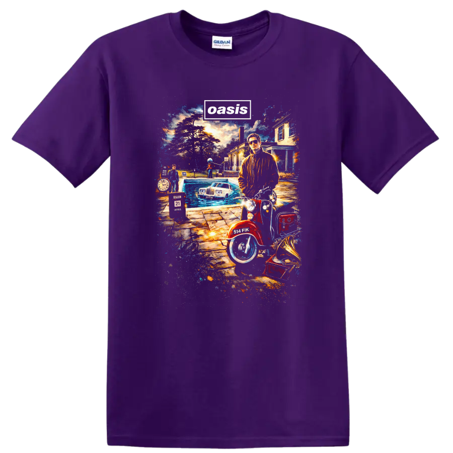 Oasis Vintage Classic Rock Album Cover Art Style T Shirt on a Purple T Shirt