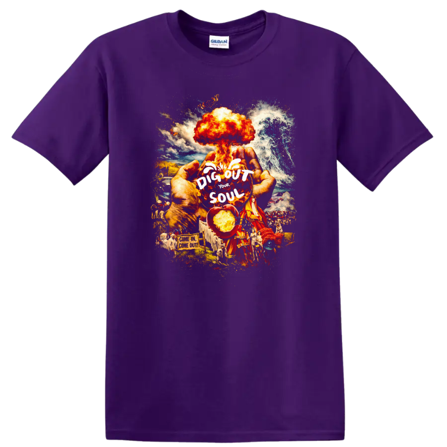 Vintage Classic Rock Album Cover Art T Shirt with Dig Out Your Soul design on a Purple T Shirt