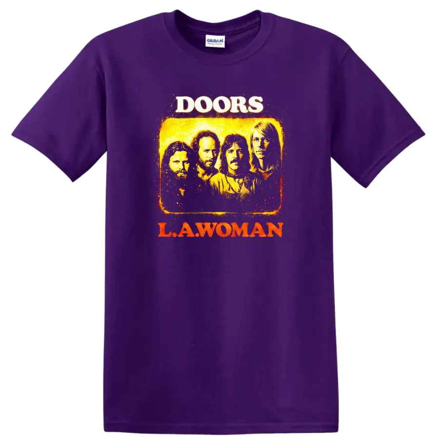The Doors L.A. Woman Vintage Classic Rock T Shirt on a Purple T Shirt