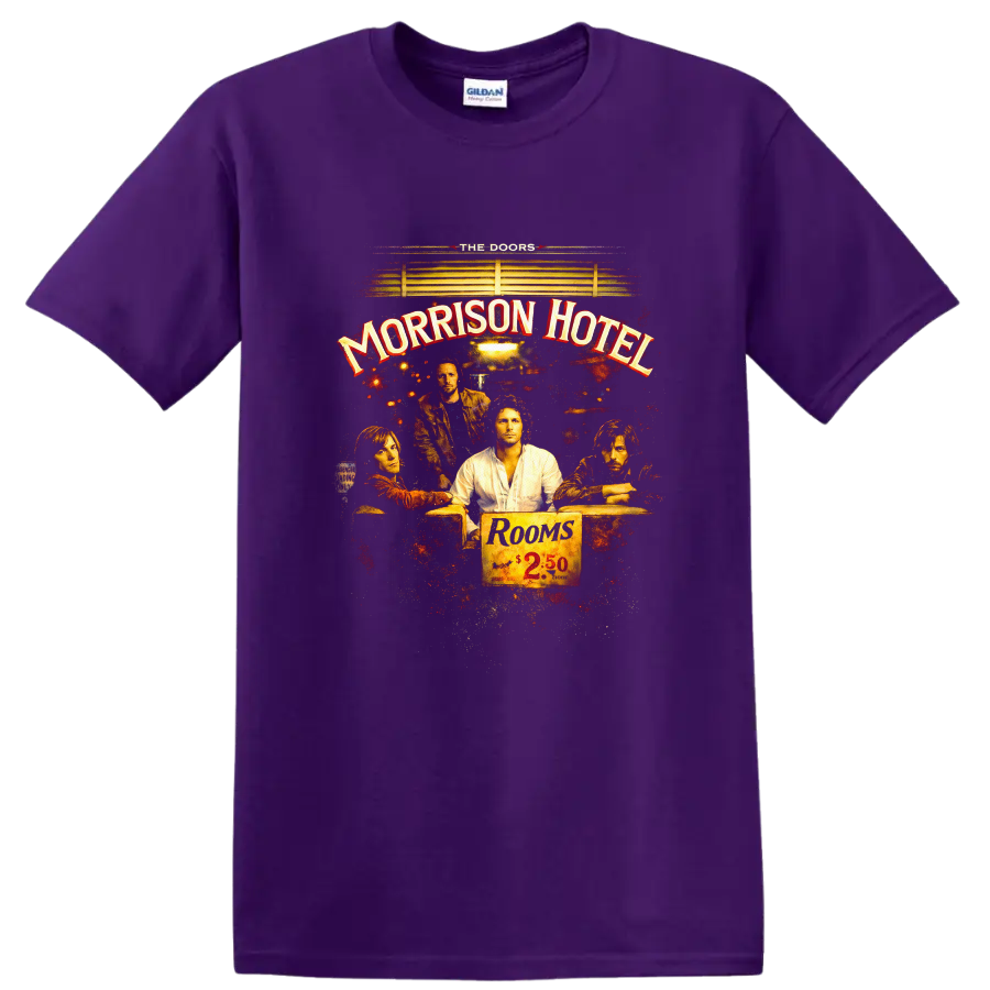 Vintage Classic Rock T Shirt featuring The Doors Morrison Hotel design on a Purple T Shirt