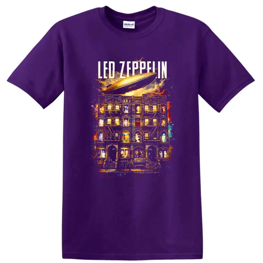 LED Zeppelin Vintage Classic Rock Album Cover Art T Shirt on a Purple T Shirt
