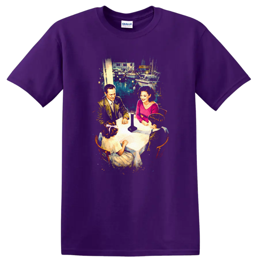 Vintage Classic Rock Album Cover Art T Shirt inspired by Led Zeppelin on a Purple T Shirt