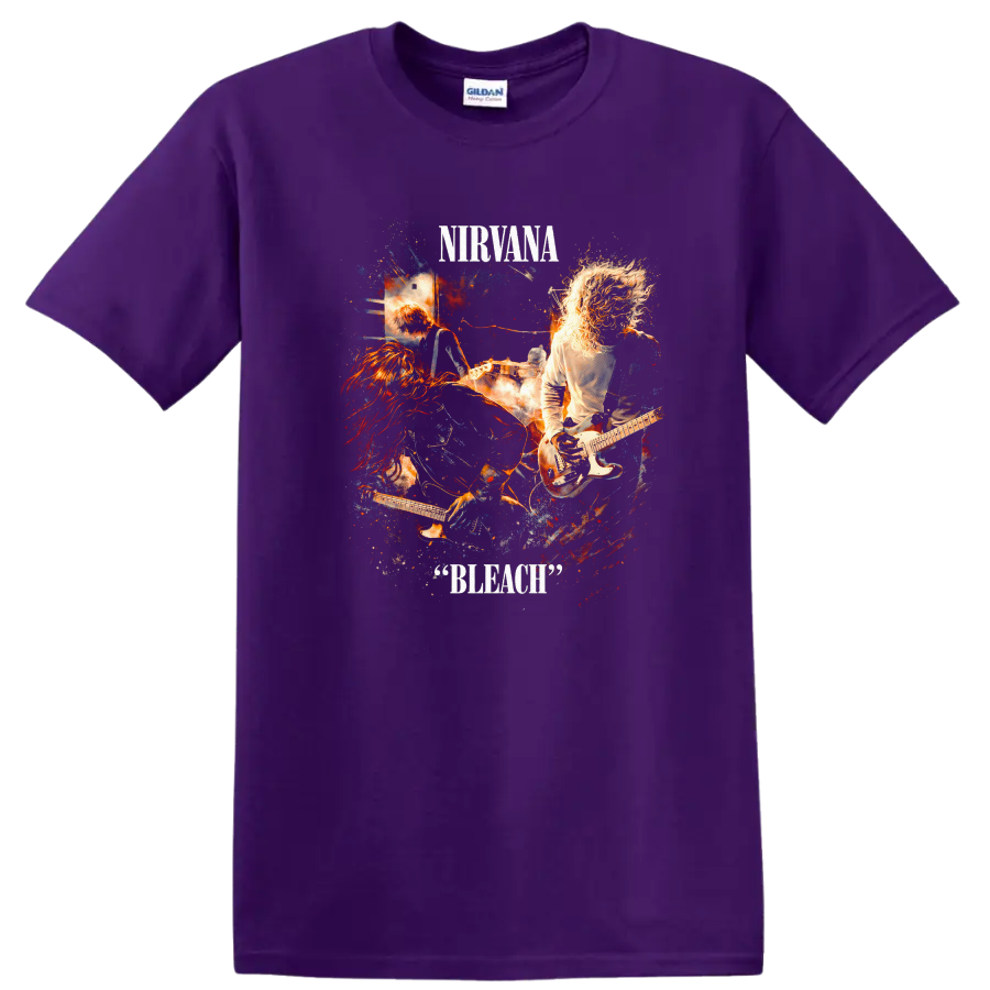 Nirvana Bleach Vintage Classic Rock Album Cover Art T Shirt on a Purple T Shirt