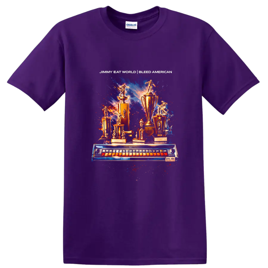 Vintage Classic Rock Album Cover Art T Shirt featuring trophies and cosmic background on a Purple T Shirt