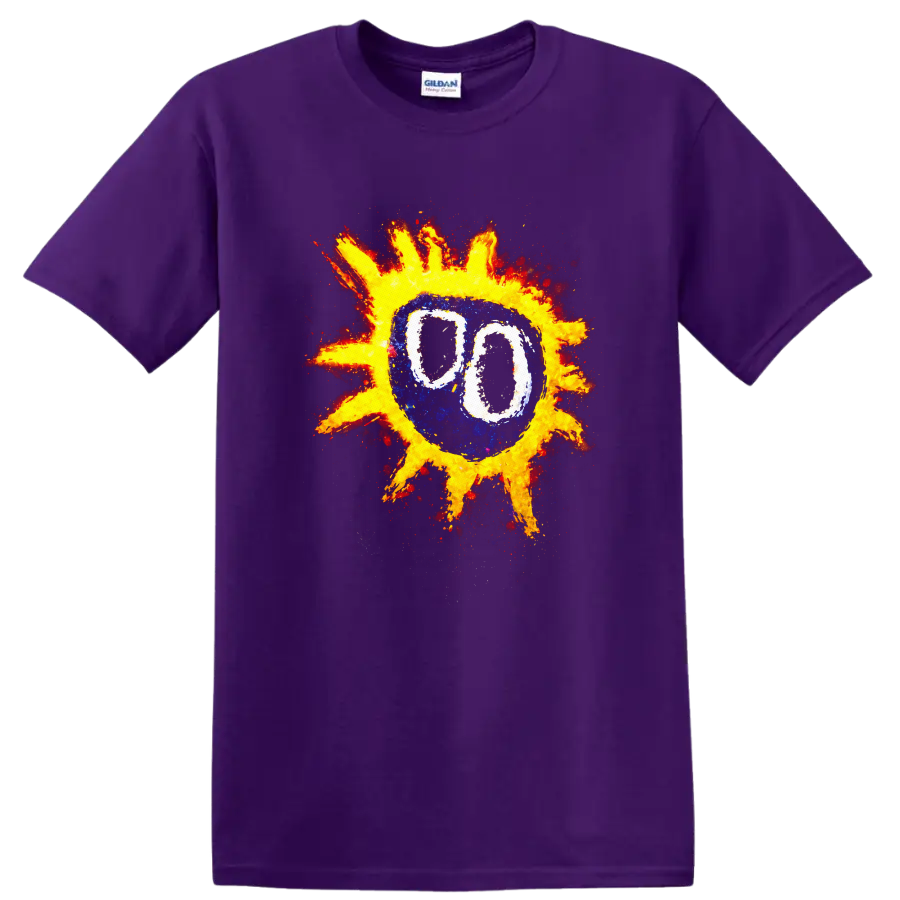 Primal Scream vintage rock album cover art graphic T shirt design on a Purple T Shirt