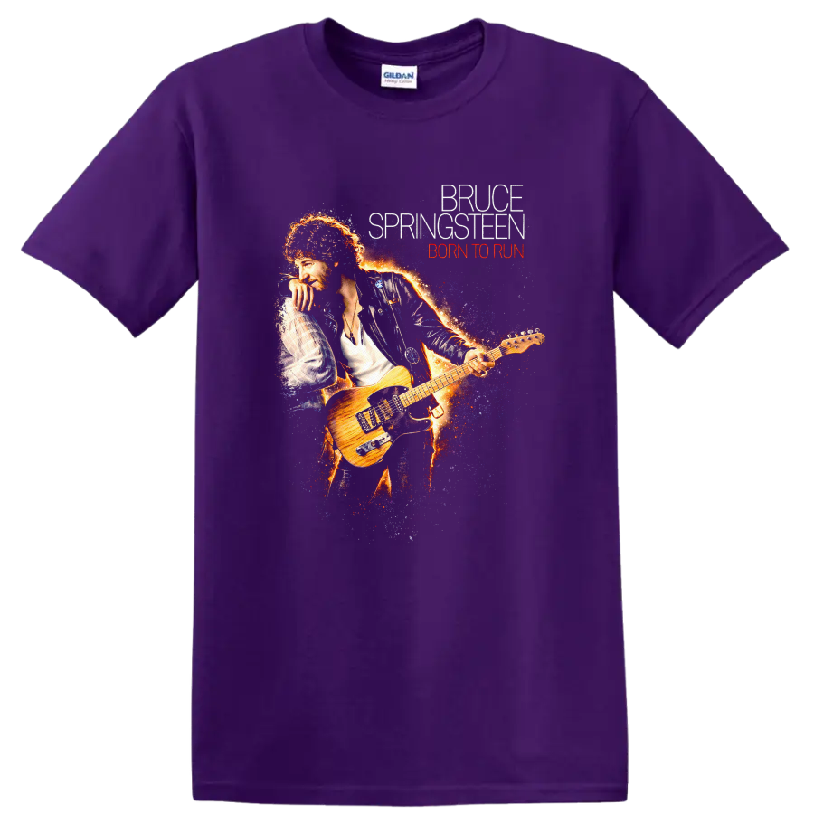 Bruce Springsteen Born to Run Vintage Classic Rock T Shirt on a Purple T Shirt