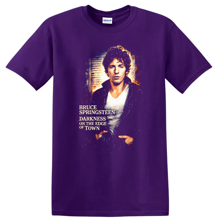 Bruce Springsteen Darkness on the Edge of Town Vintage T Shirt on a Purple T Shirt