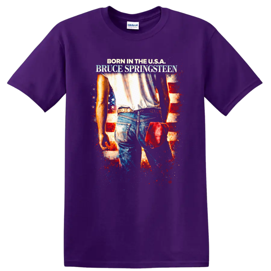 Born in the U.S.A. Bruce Springsteen Vintage T Shirt on a Purple T Shirt