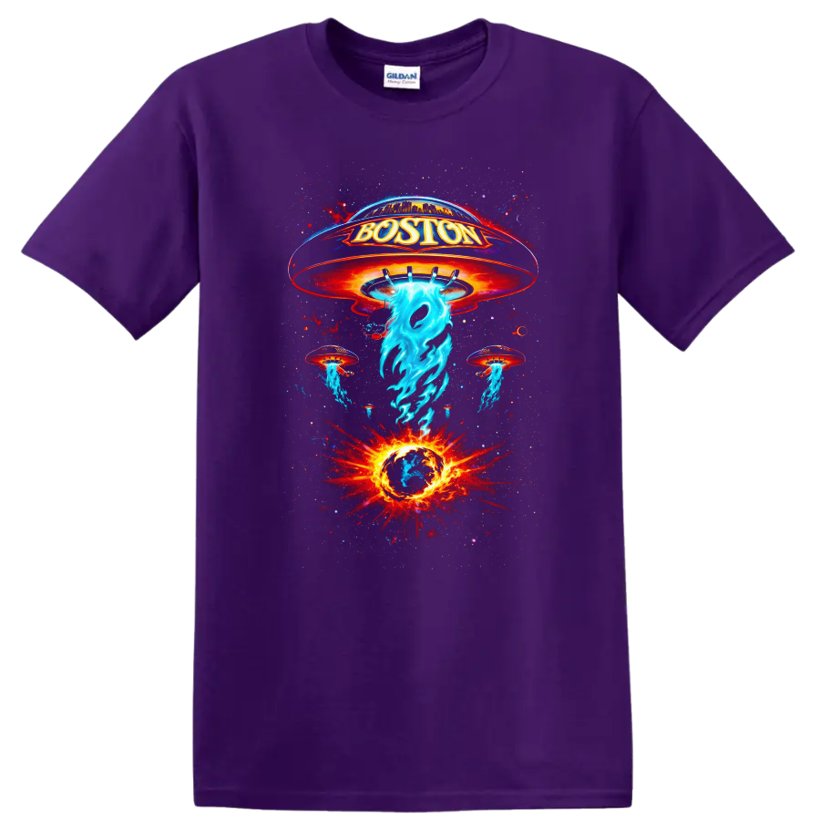 Boston Vintage Classic Rock Album Cover Art T Shirt on a Purple T Shirt