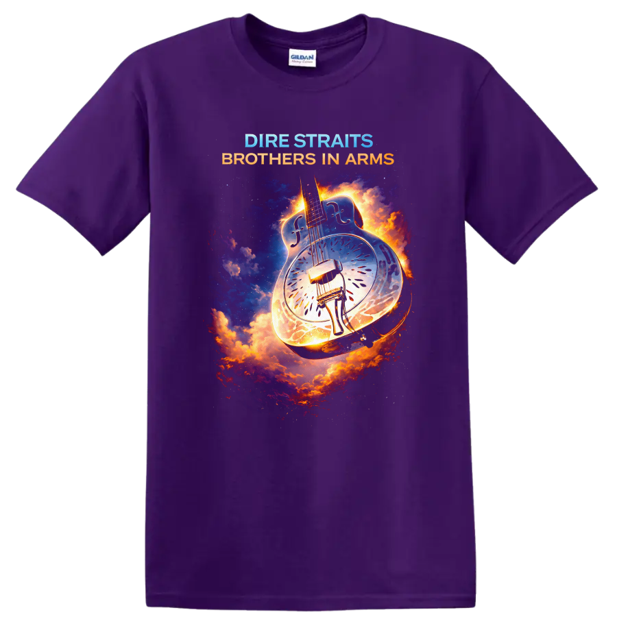 Dire Straits Brothers in Arms Vintage Classic Rock T Shirt on a Purple T Shirt