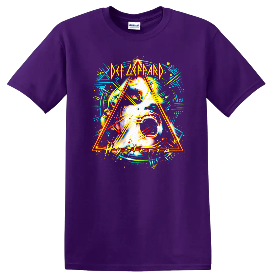 Def Leppard Hysteria Vintage Classic Rock T Shirt on a Purple T Shirt