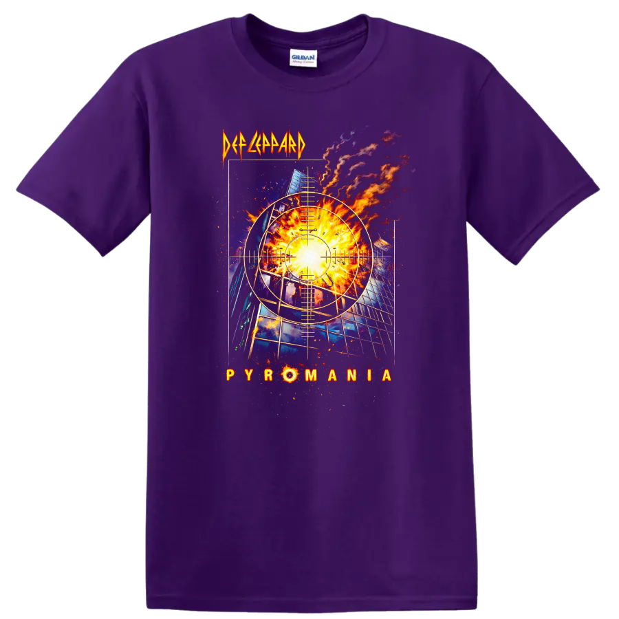 Def Leppard Pyromania Vintage Rock Album Cover T Shirt on a Purple T Shirt