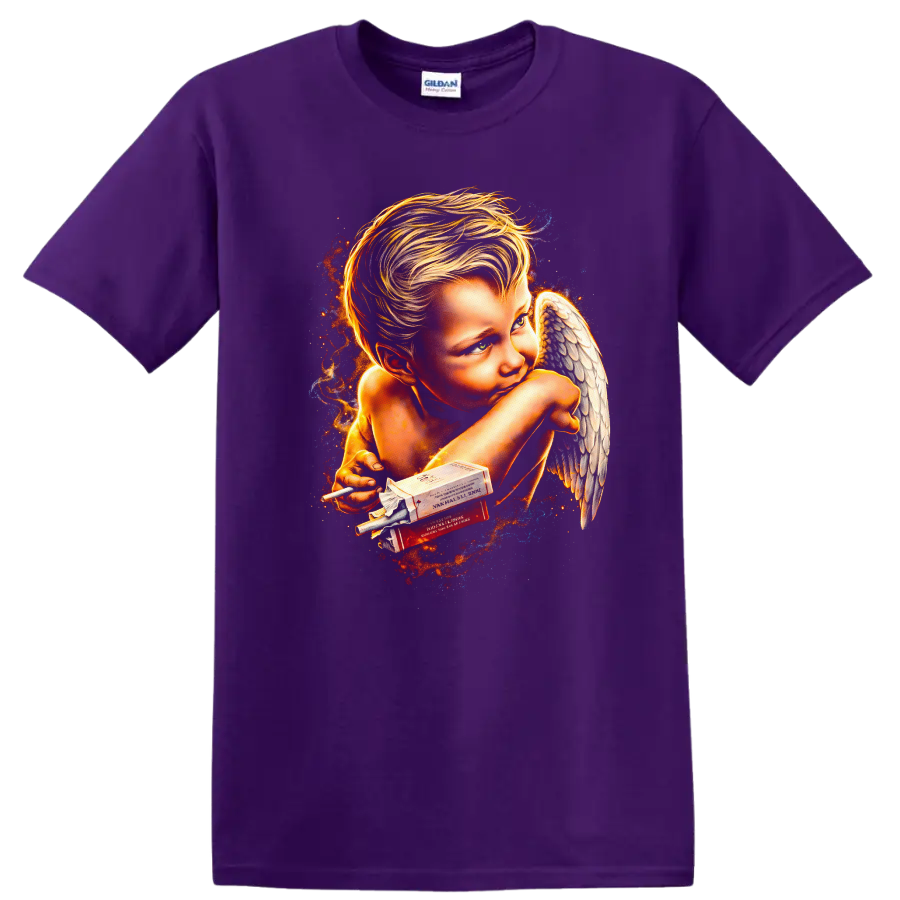 Vintage classic rock album cover art style T shirt design on a Purple T Shirt
