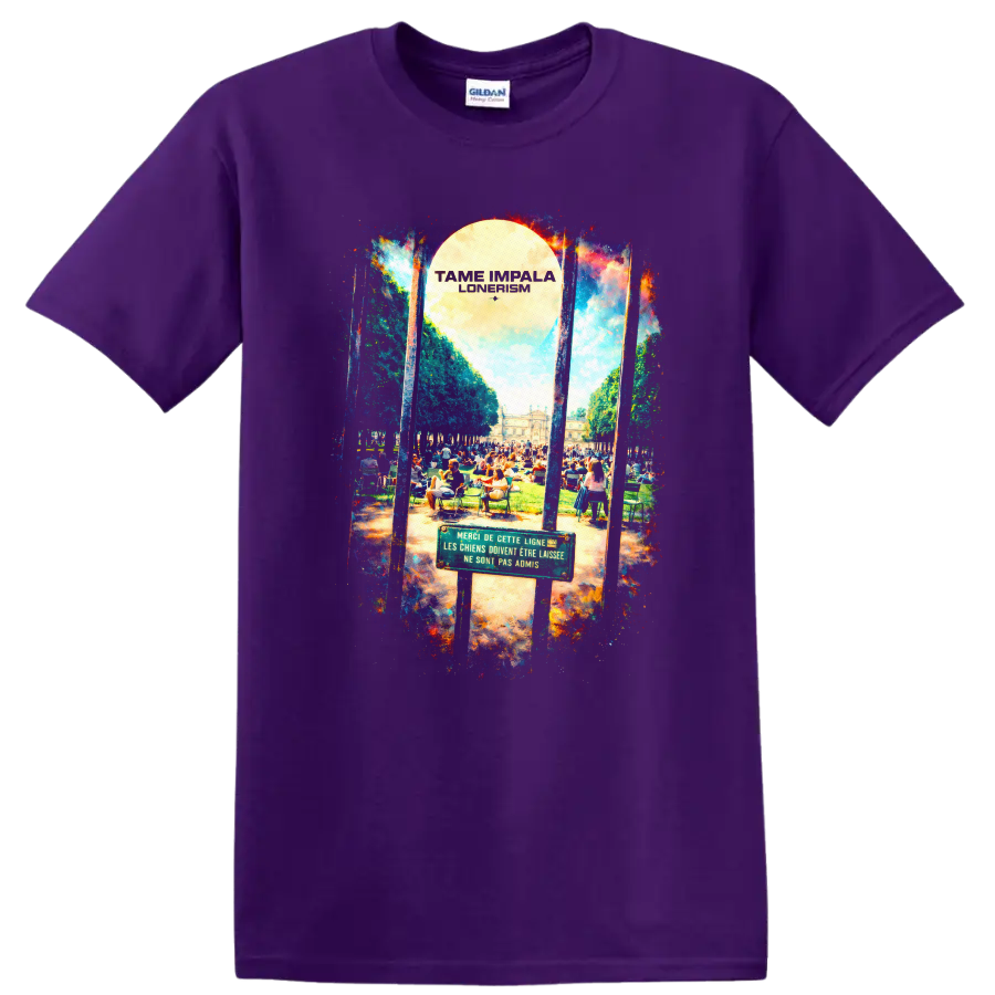 Tame Impala Lonerism Vintage Classic Rock T Shirt on a Purple T Shirt