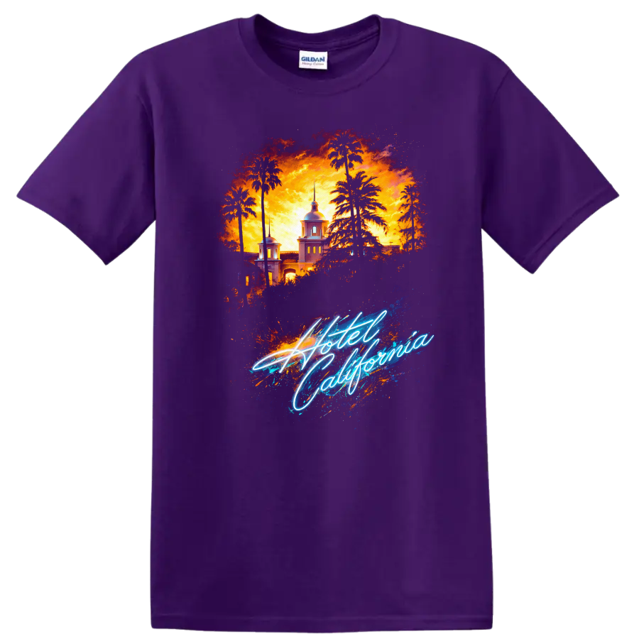 Vintage Classic Rock Album Cover Art T Shirt featuring Hotel California design on a Purple T Shirt