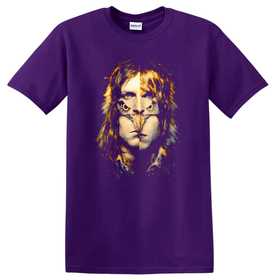 Vintage classic rock album cover art style T Shirt design on a Purple T Shirt