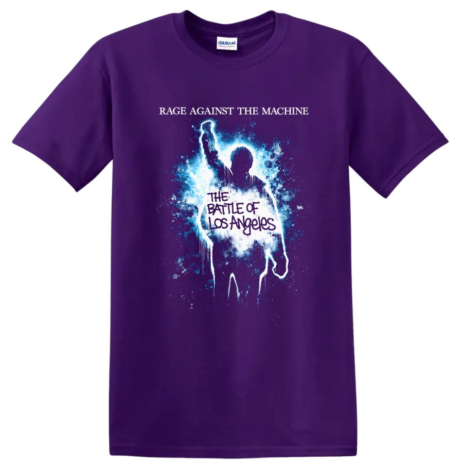 Rage Against the Machine vintage T Shirt with graphic print design on a Purple T Shirt