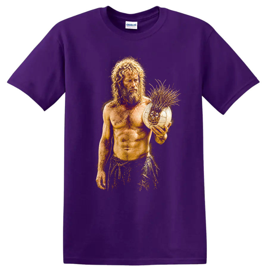 Vintage Cult Movie Cast Away Tom Hanks T Shirt on a Purple T Shirt