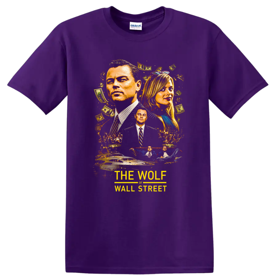 Vintage Cult Movie The Wolf of Wall Street T Shirt on a Purple T Shirt