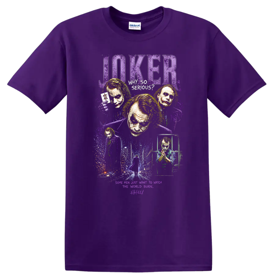 Joker Vintage Cult Movie Character Portrait Style T Shirt on a Purple T Shirt