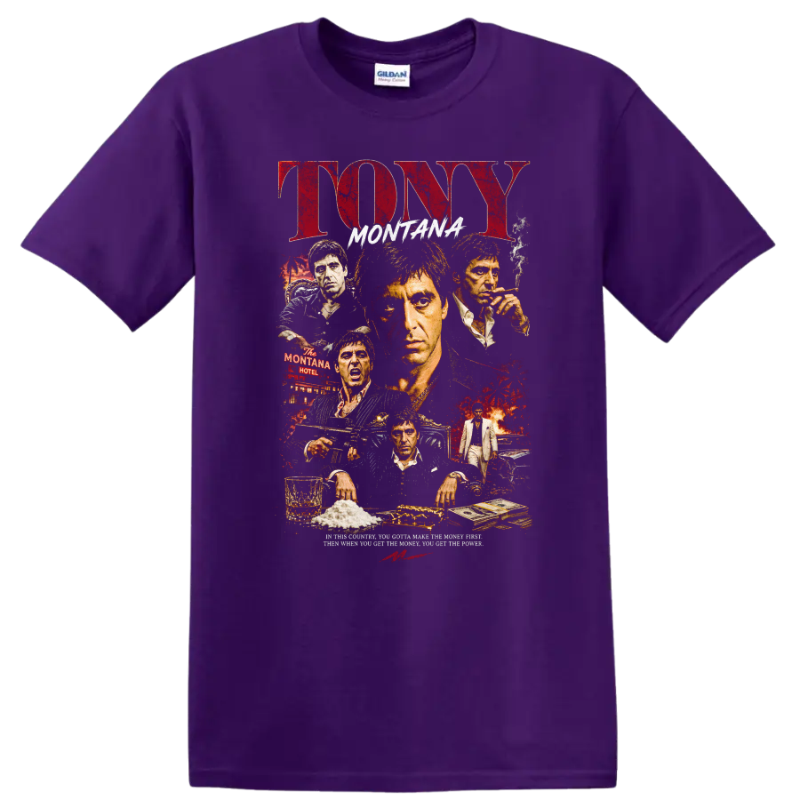 Tony Montana Scarface distressed portrait collage with cash, smoke, car, and hotel sign on a Purple T Shirt
