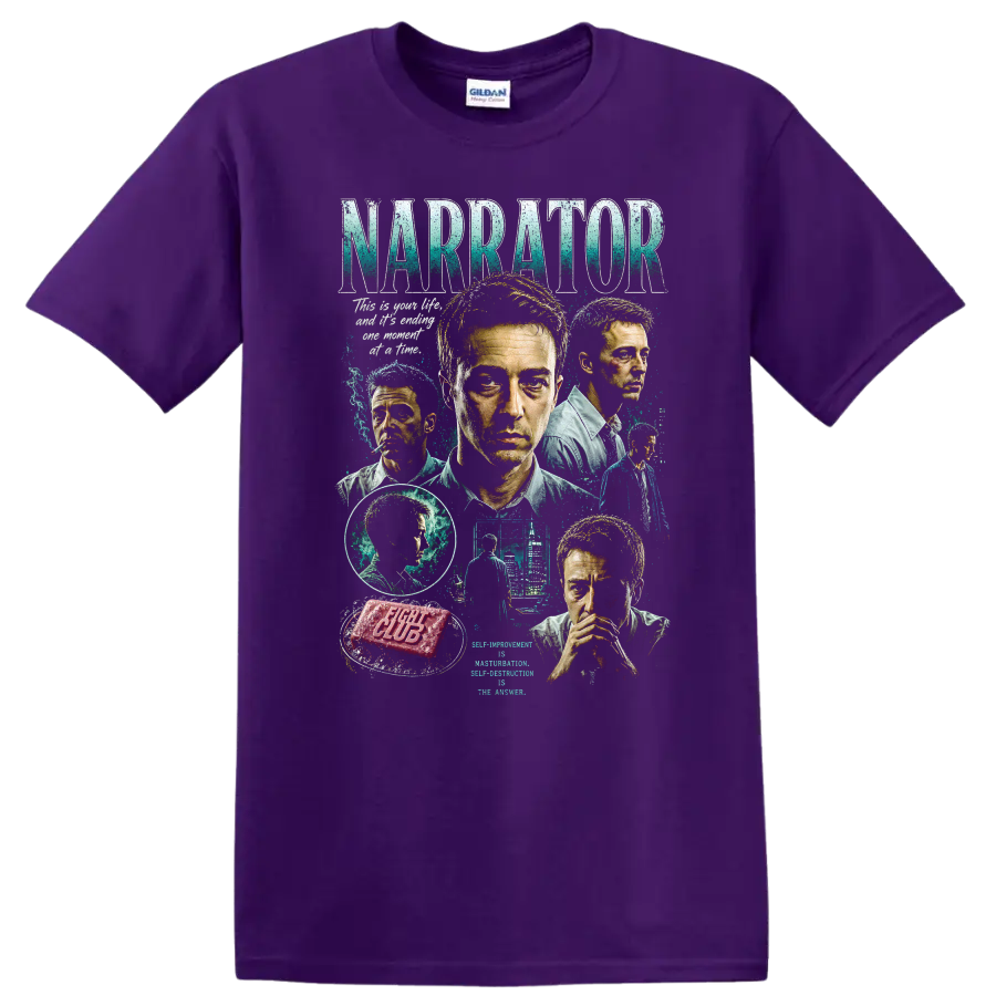 Fight Club Narrator vintage portrait collage with soap bar and distressed NARRATOR text on a Purple T Shirt