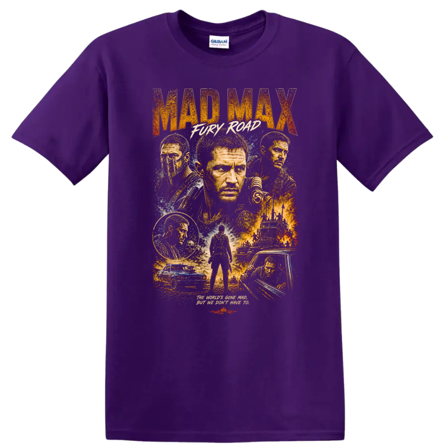 Mad Max Fury Road Vintage Movie Portrait T Shirt on a Purple T Shirt