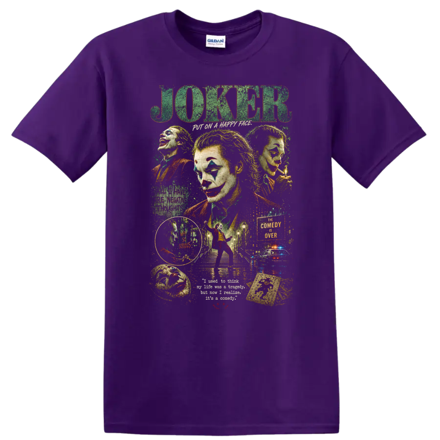 Joker Vintage Cult Movie Character Portrait T Shirt on a Purple T Shirt