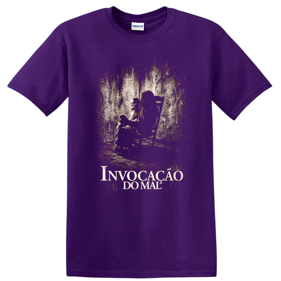 Annabelle doll portrait in a distressed vintage horror poster design with Invocação do on a Purple T Shirt