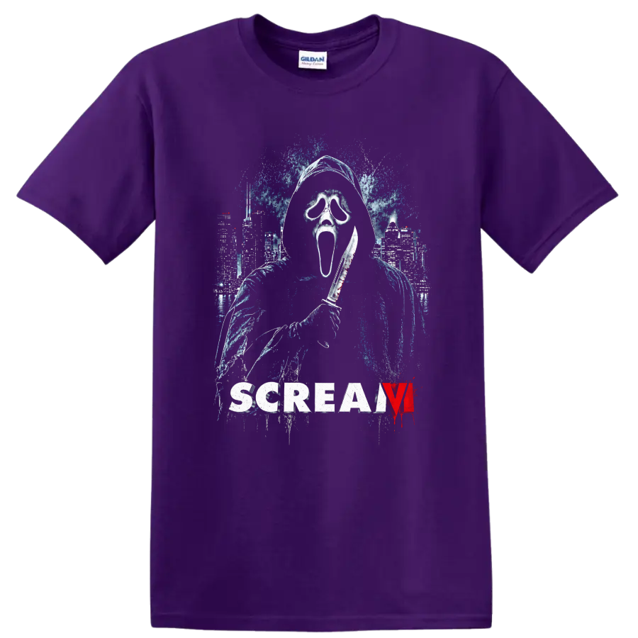 Scream VI Vintage Cult Movie Character T Shirt on a Purple T Shirt