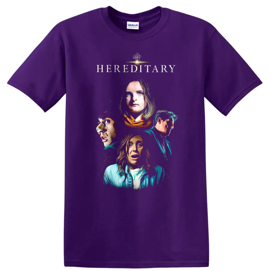 Hereditary Vintage Cult Movie Character Portrait Style T Shirt on a Purple T Shirt