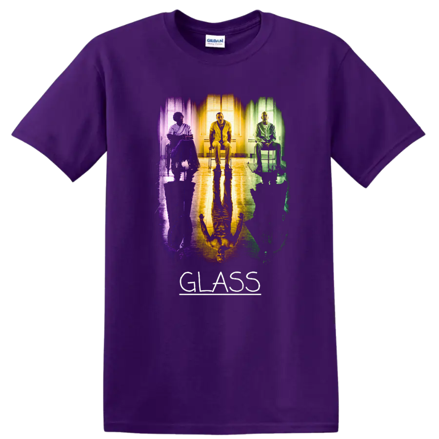 Vintage Cult Movie Glass T Shirt Featuring Bruce Willis & Samuel L. Jackson on a Purple T Shirt
