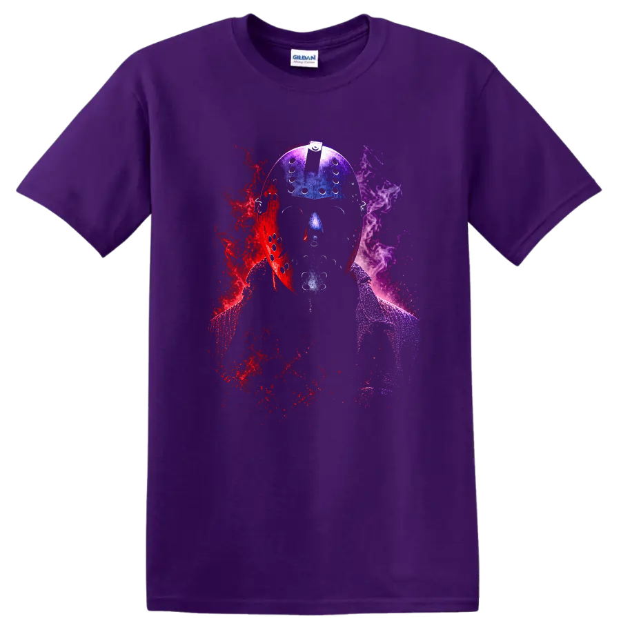 Jason Voorhees hockey mask portrait with distressed red purple and blue smoke on a Purple T Shirt
