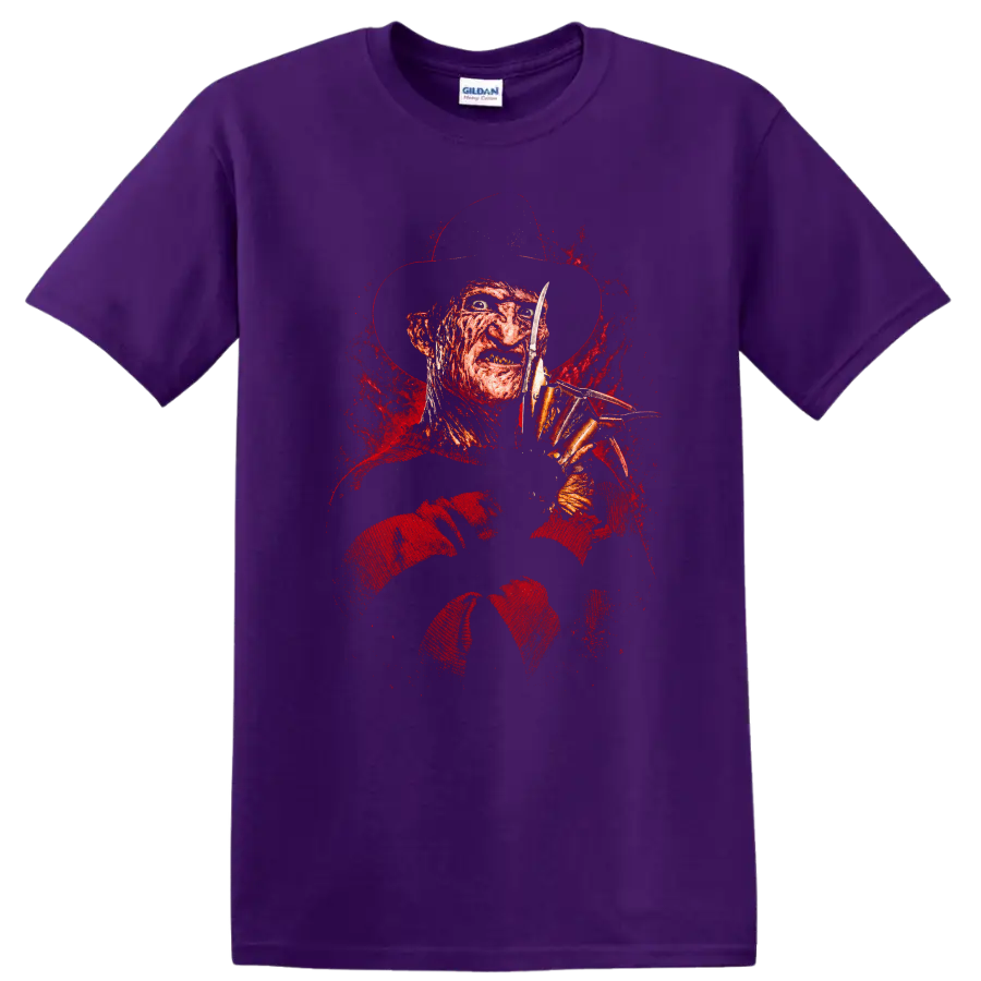 Distressed Freddy Krueger horror portrait with fedora, striped sweater, and bladed glove on a Purple T Shirt