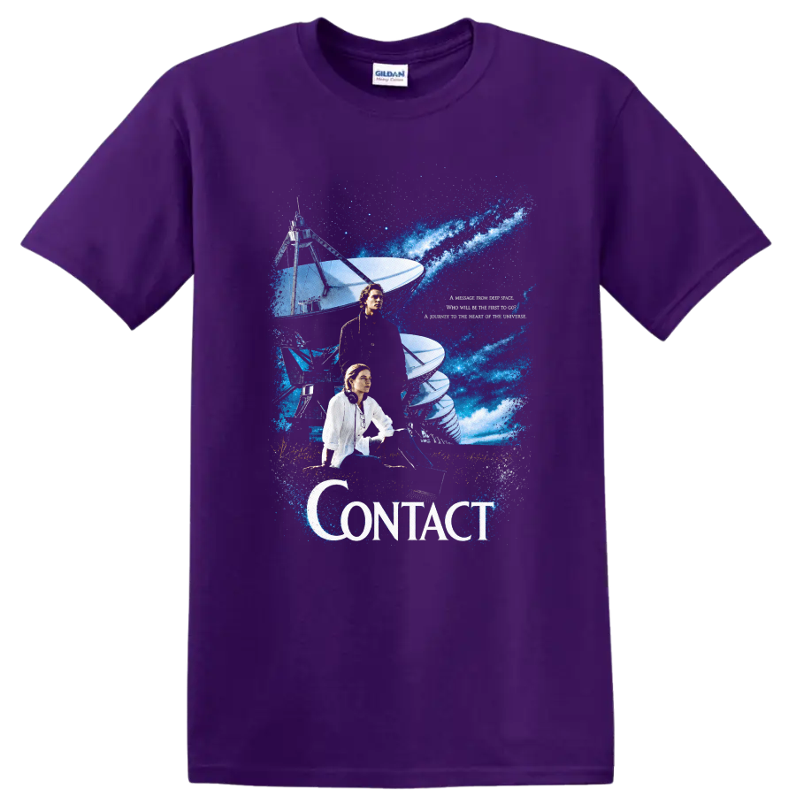 Vintage Cult Movie Contact Jodie Foster T Shirt on a Purple T Shirt