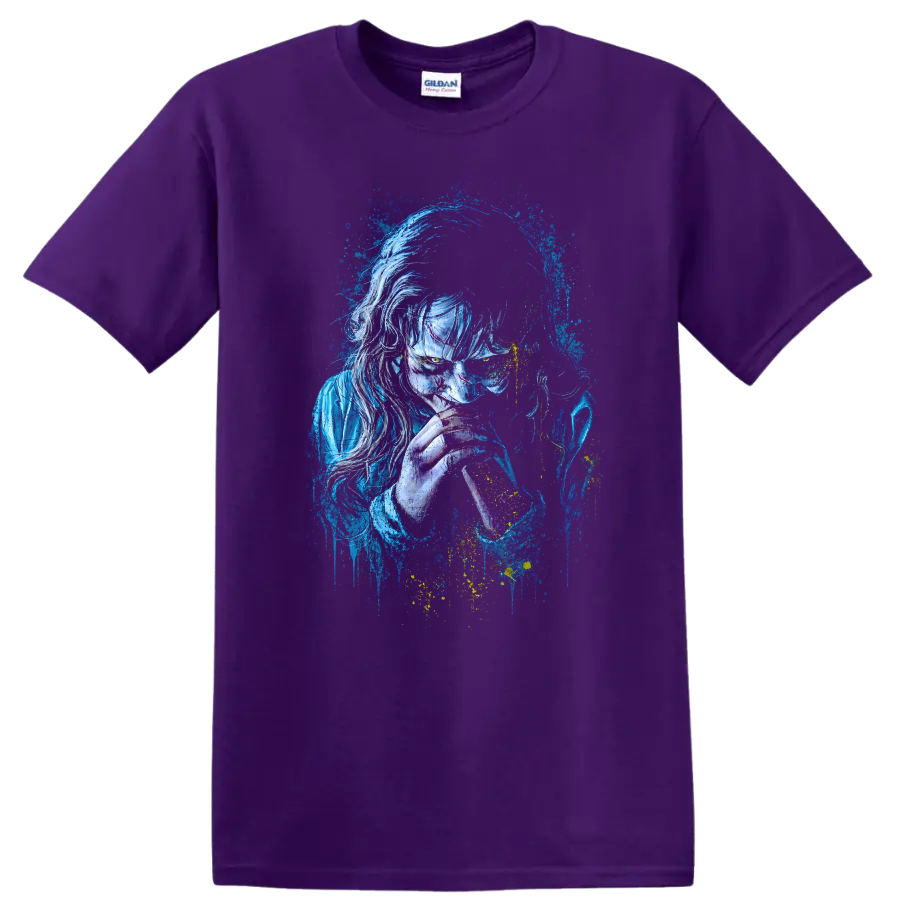 The Exorcist Vintage Cult Movie T Shirt on a Purple T Shirt
