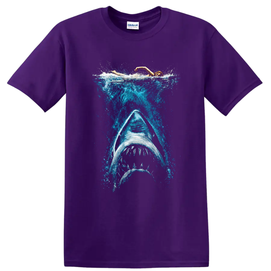 Great white shark beneath a swimmer in a dramatic blue underwater splash design on a Purple T Shirt
