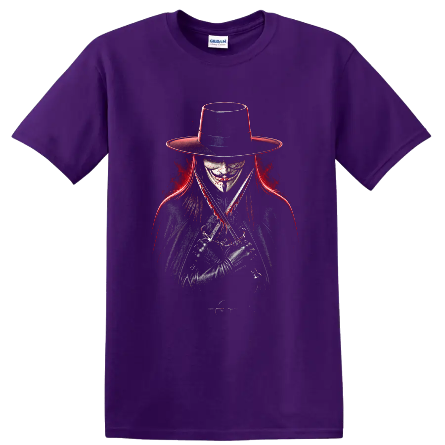 V for Vendetta Guy Fawkes mask portrait with crossed knives and red splatter on a Purple T Shirt