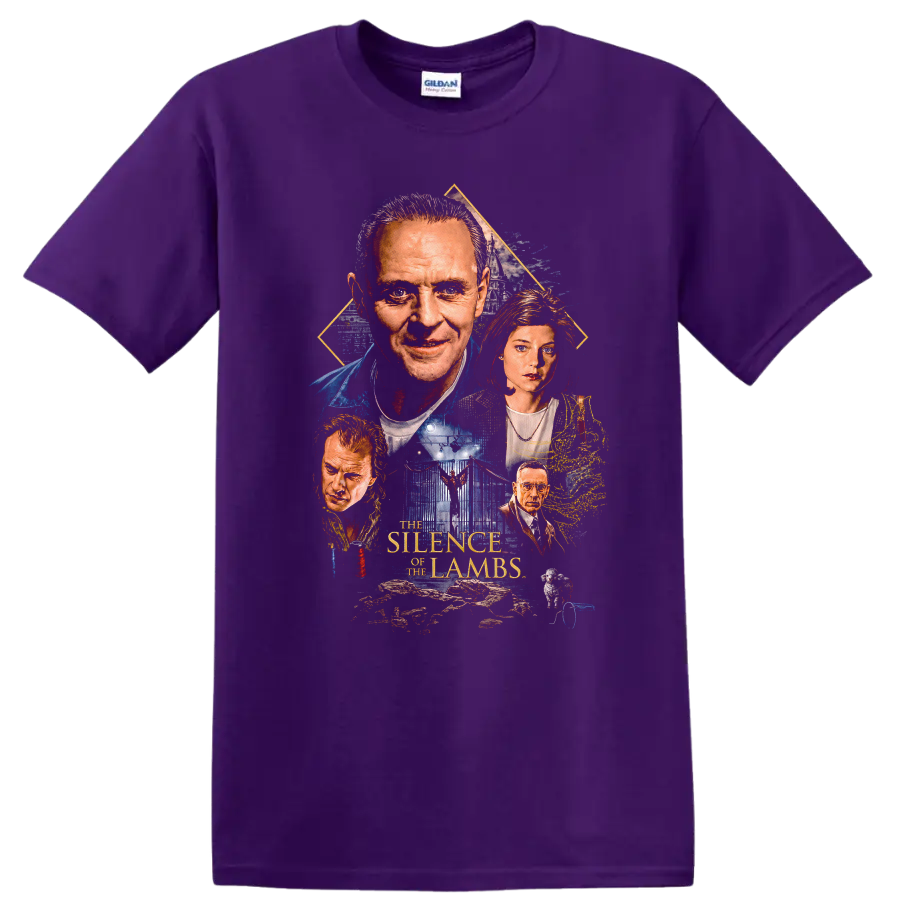 Vintage Cult Movie The Silence of the Lambs T Shirt on a Purple T Shirt