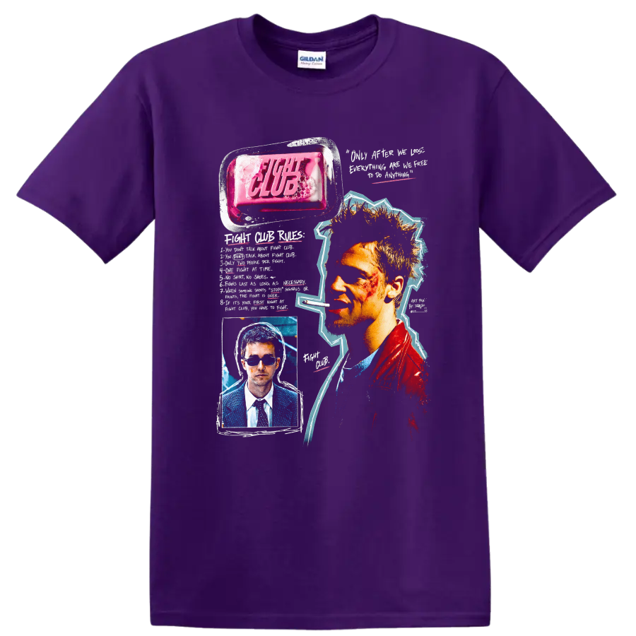 Vintage Fight Club T Shirt on a Purple T Shirt
