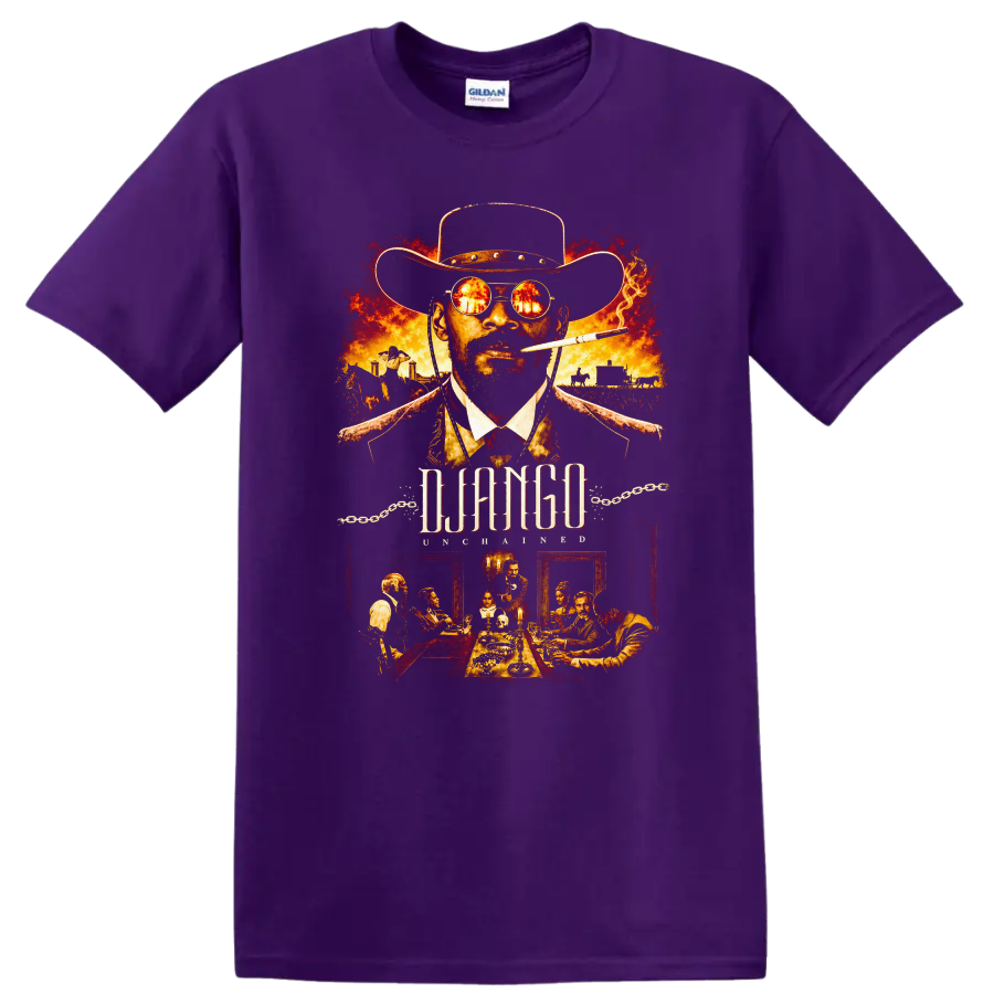 Django Unchained Vintage Movie Character Portrait T Shirt on a Purple T Shirt