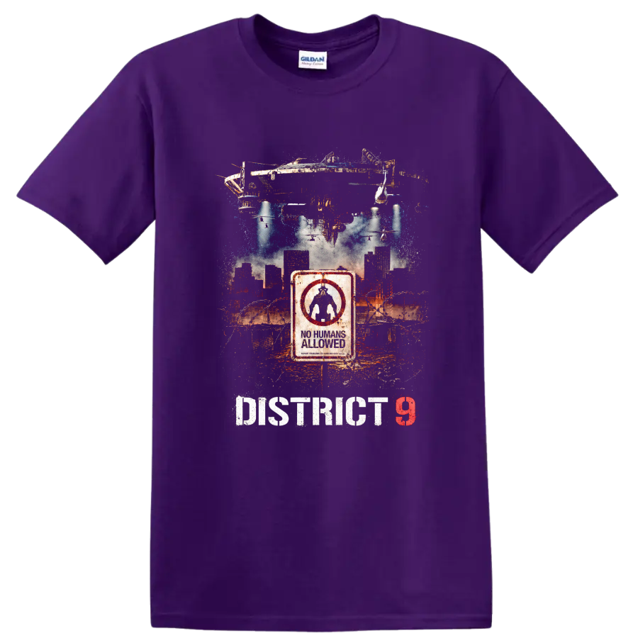 District 9 Vintage Cult Movie T Shirt on a Purple T Shirt