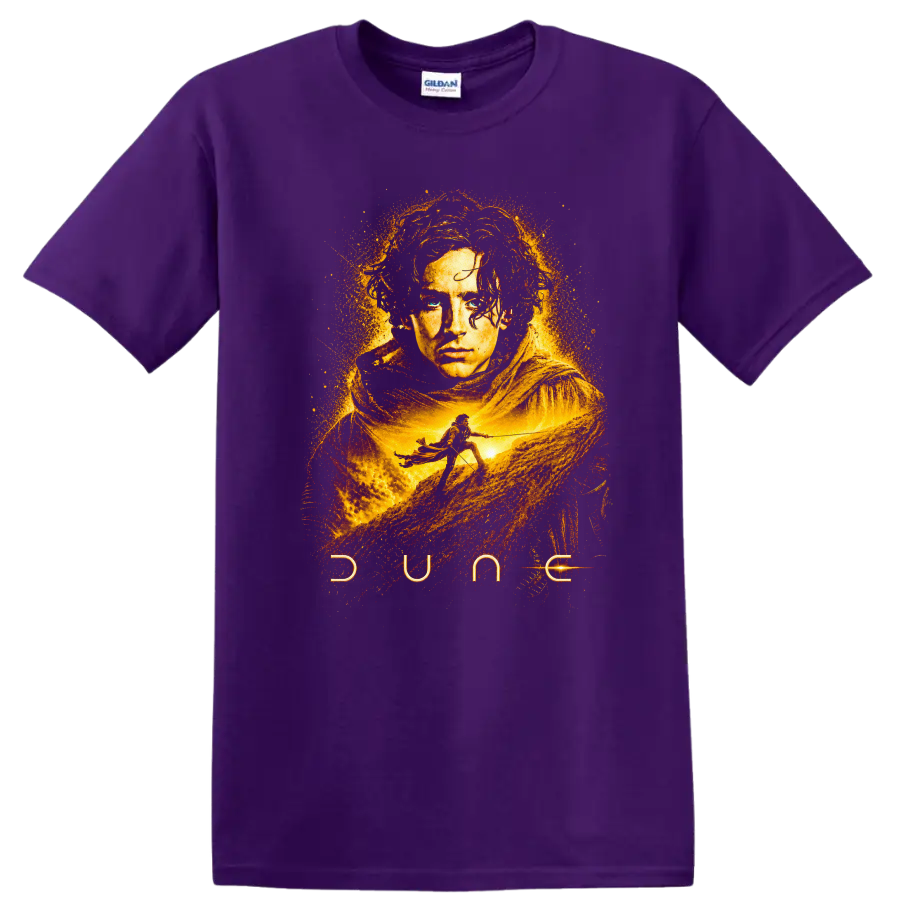 Dune Vintage Cult Movie Character Portrait Style T Shirt on a Purple T Shirt