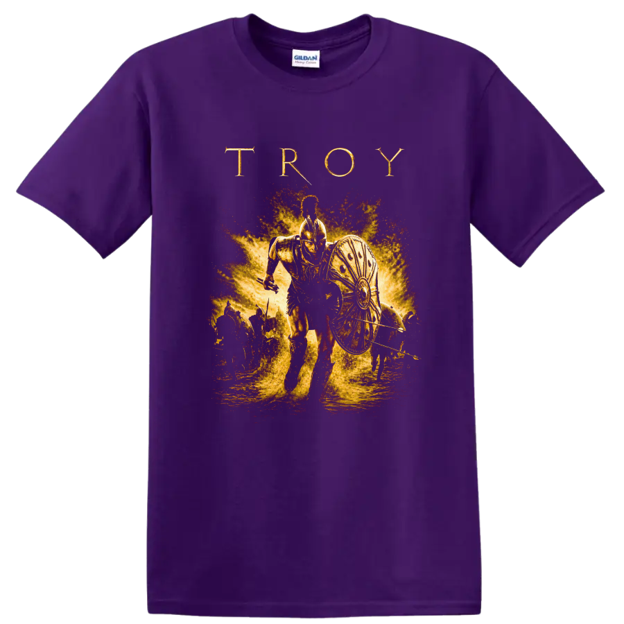 Troy Vintage Cult Movie Character Portrait Style T Shirt on a Purple T Shirt