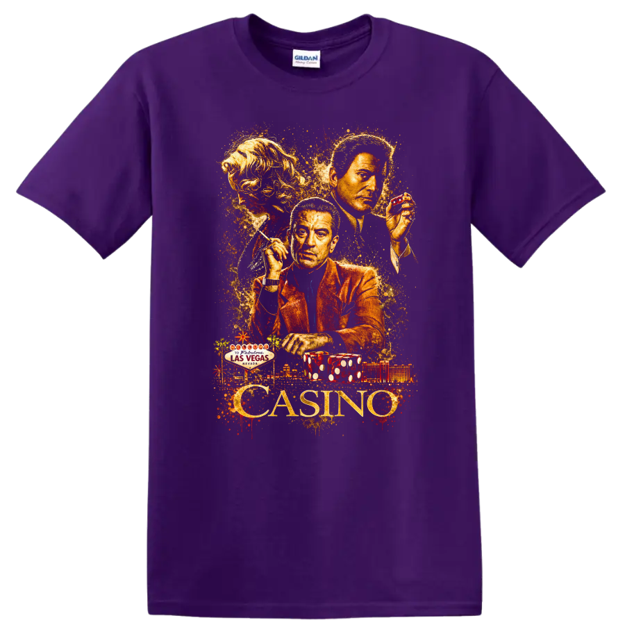 Vintage Casino Movie Character Portrait T Shirt on a Purple T Shirt