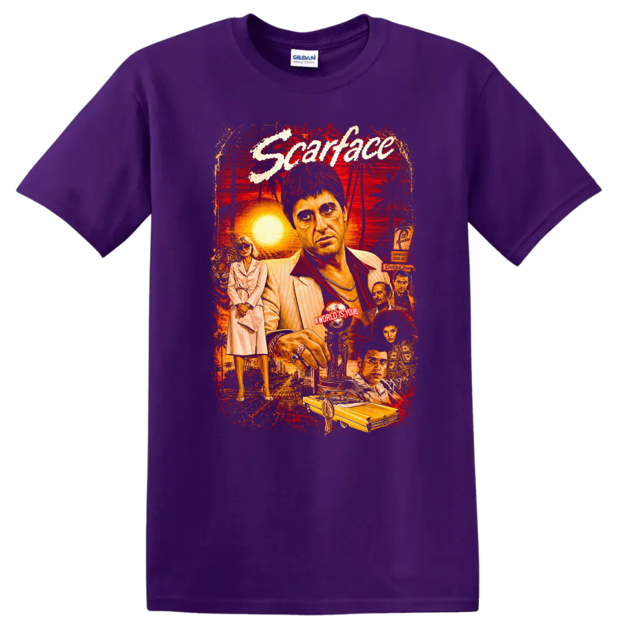 Scarface Vintage Cult Movie Character Portrait Style T Shirt on a Purple T Shirt